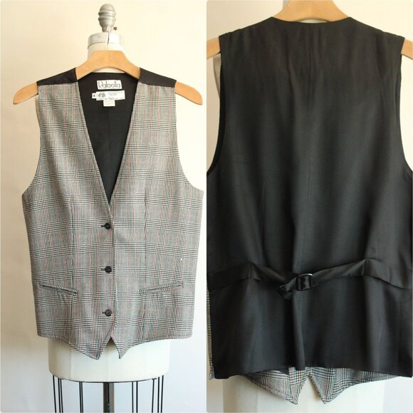 Vintage 1980s Unisex Vest, Rafaella Black White and Red Plaid Wool, Size Medium - Picture 1 of 10